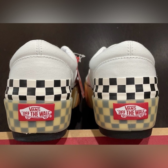 Vans White Canvas Sneakers with Black Checkered Heel - Picture 5 of 6